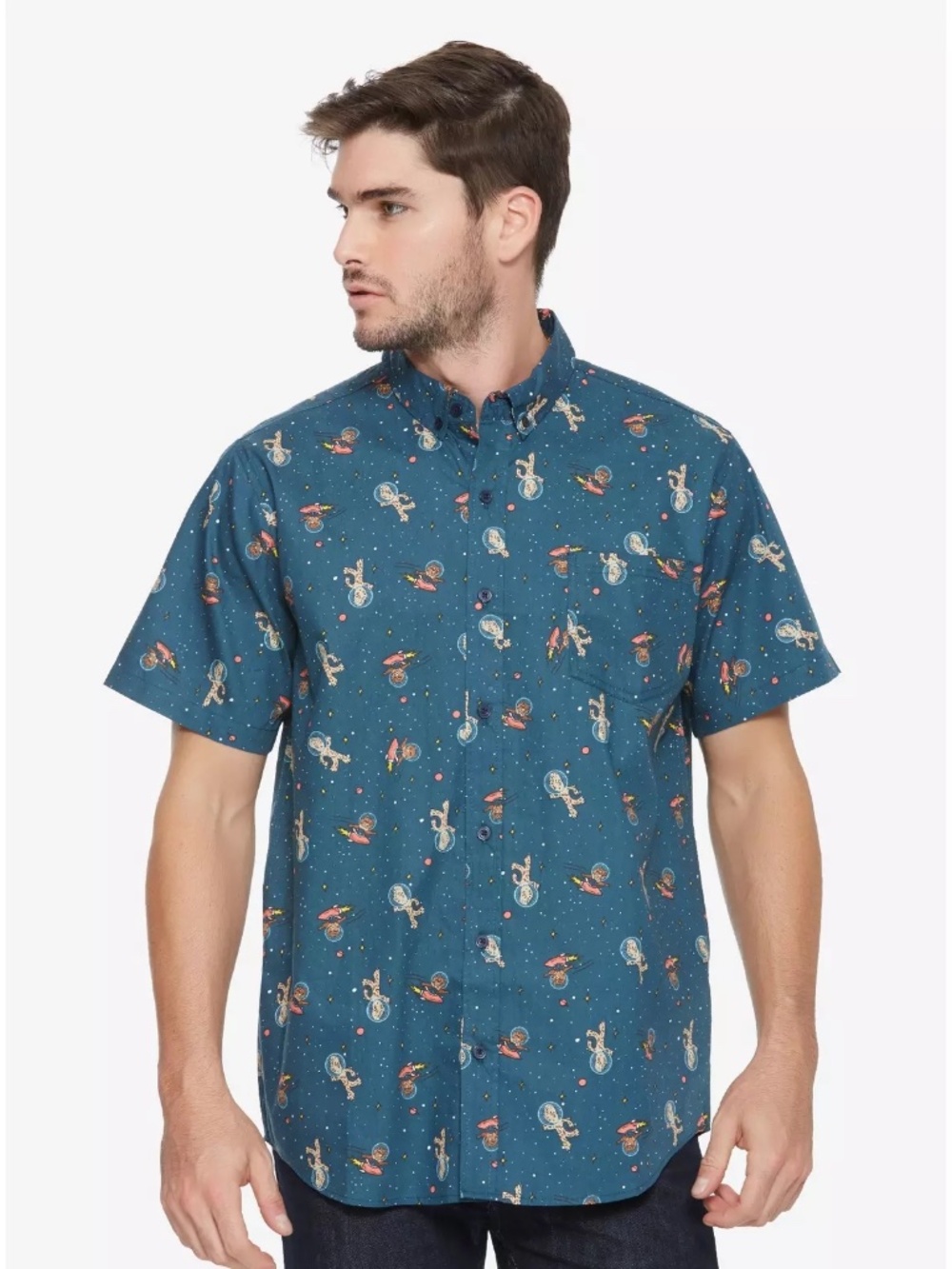 Marvel Guardians of the Galaxy Groot & Rocket button up short sleeve shirt